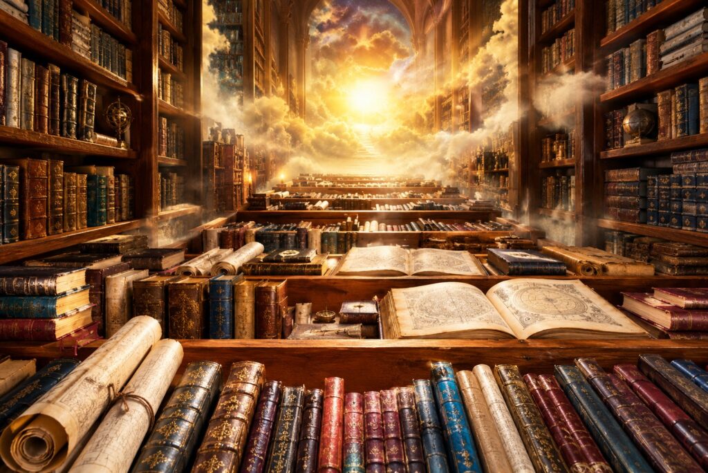 Bibliotheque enchantee vers un portail celeste