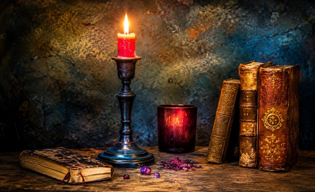 Nature morte mystique aux chandelles et grimoires
